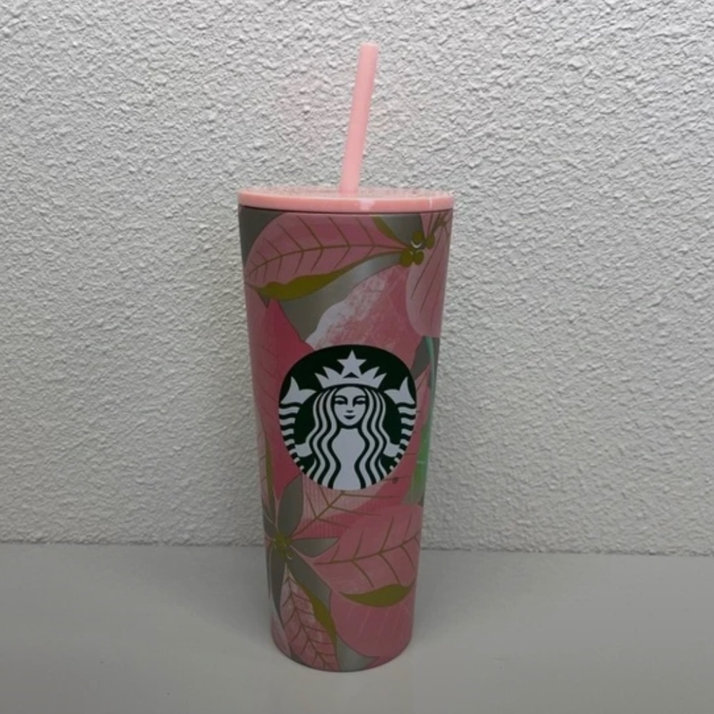 NWT Starbucks  Tumbler Cup Pink Poinsettia Leaves Limited Edition 24 oz